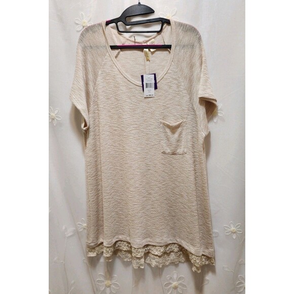 Chenault Tops - Chenault Women XXL Beige Knit Tunic Blouse Oatmeal Lace Trim Scoop Dainty Light